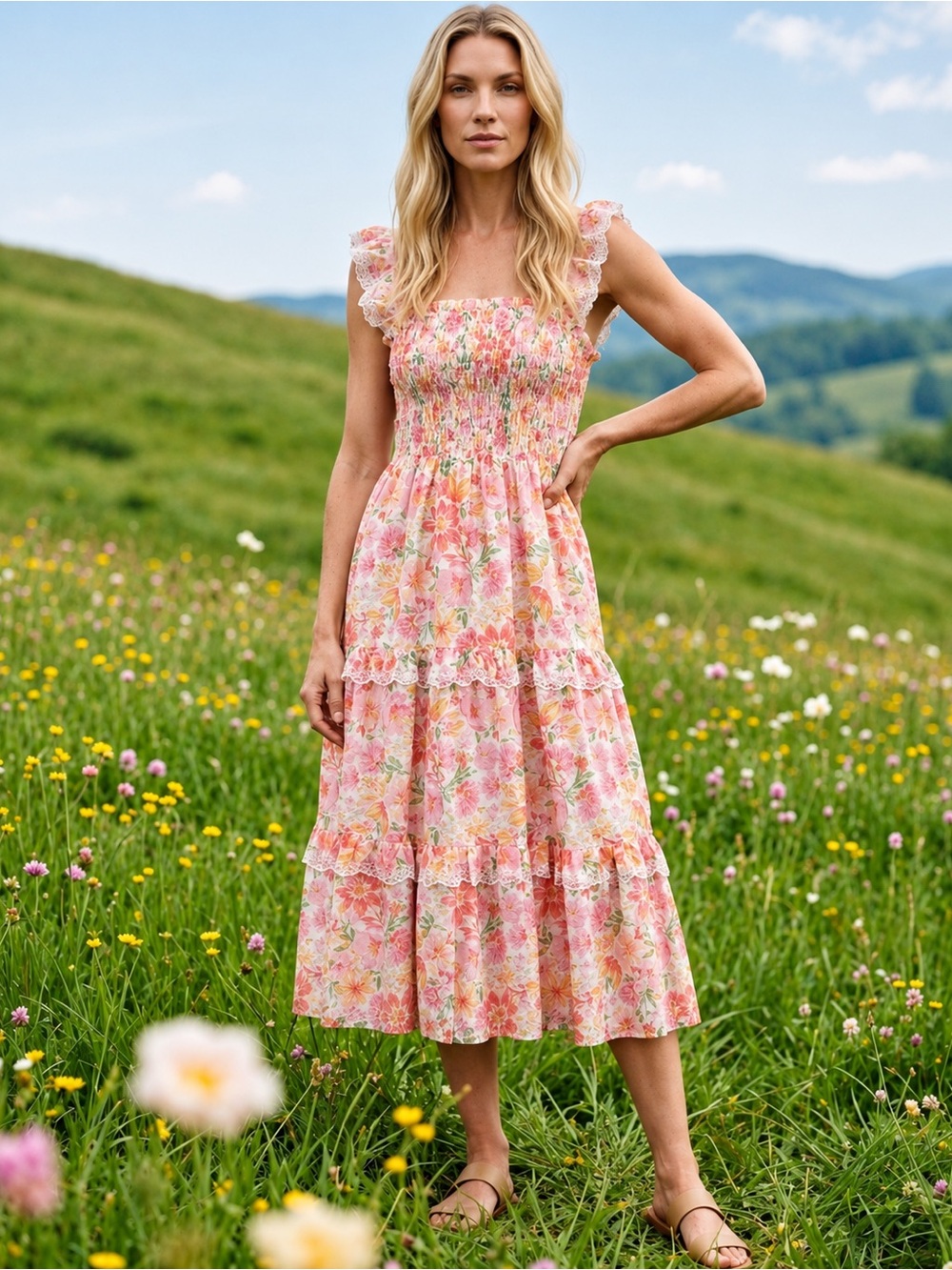🌺Haute Hippie Floral Eyelet Maxi Smocked Dress